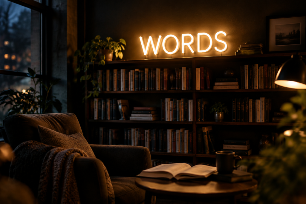 Dark scene with a glowing warm white neon sign reading WORDS
