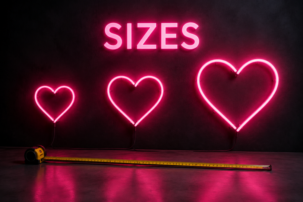 Dark scene with a glowing pink neon sign reading SIZES