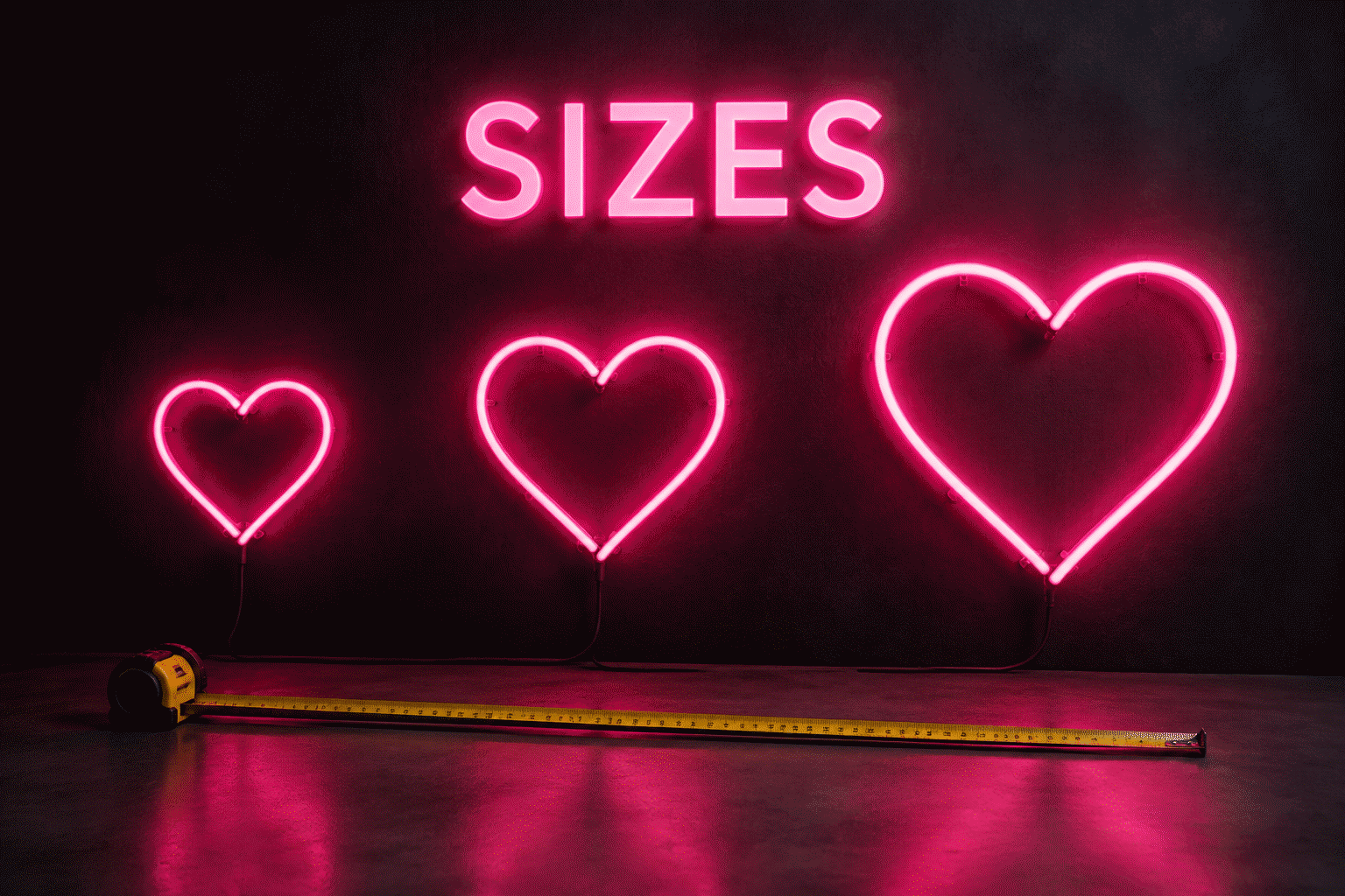 Dark scene with a glowing pink neon sign reading SIZES