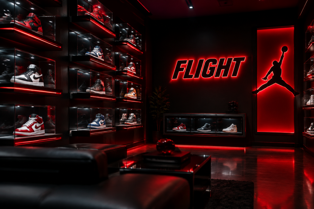 Dark scene with a glowing red and black neon sign reading FLIGHT