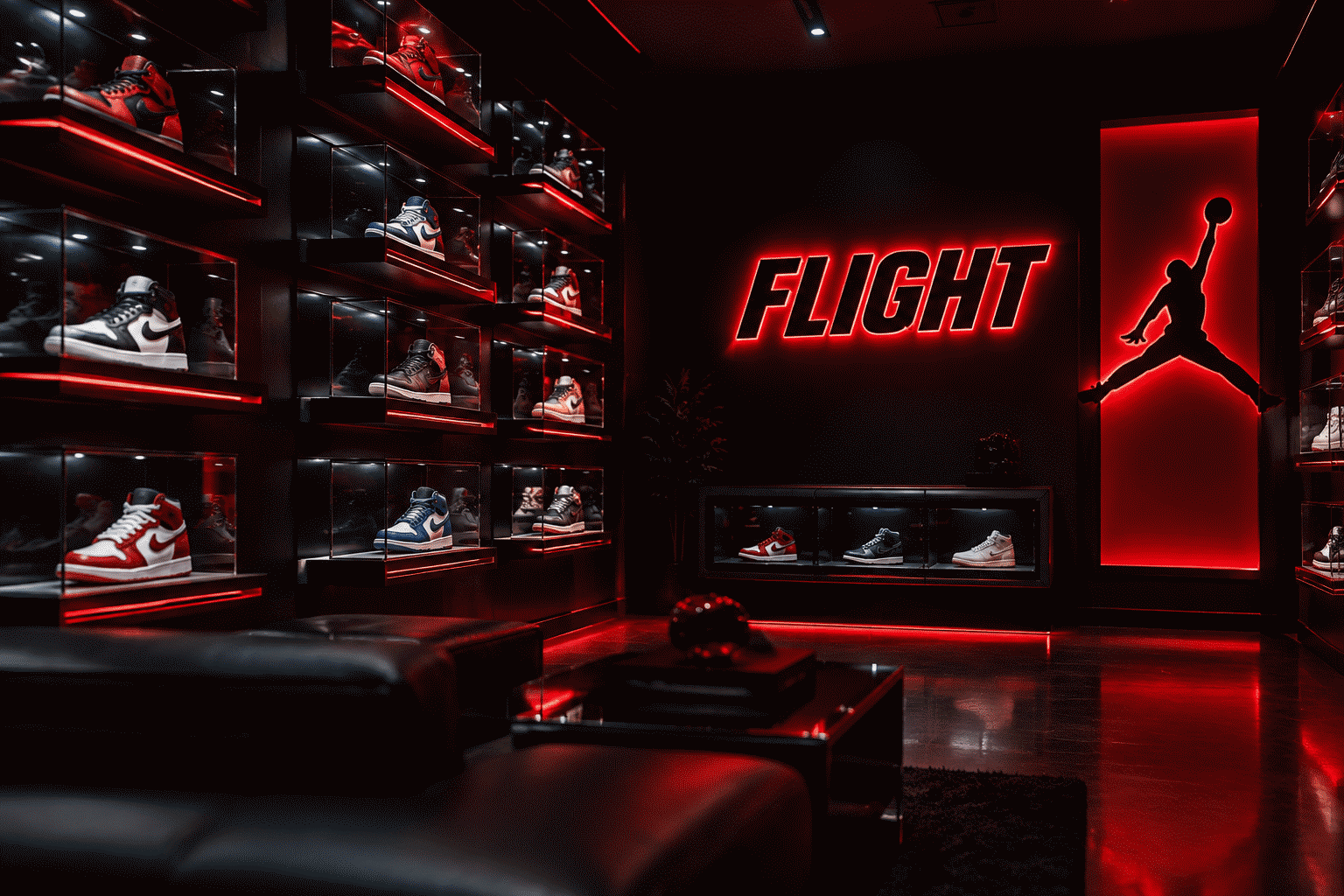 Dark scene with a glowing red and black neon sign reading FLIGHT