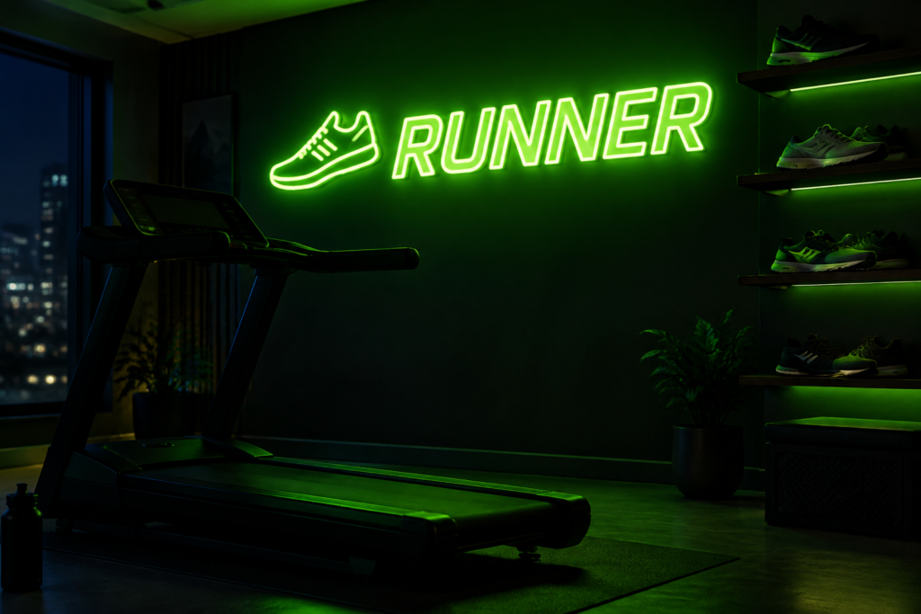Dark scene with a glowing volt green neon sign reading RUNNER