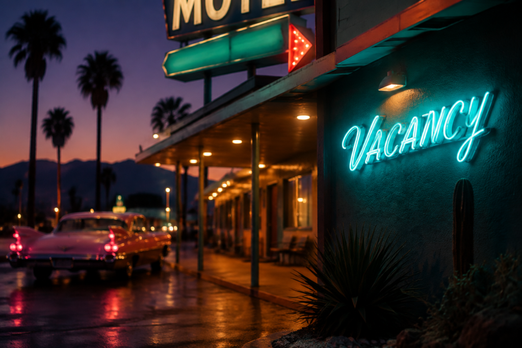 Dark scene with a glowing retro teal neon sign reading VACANCY