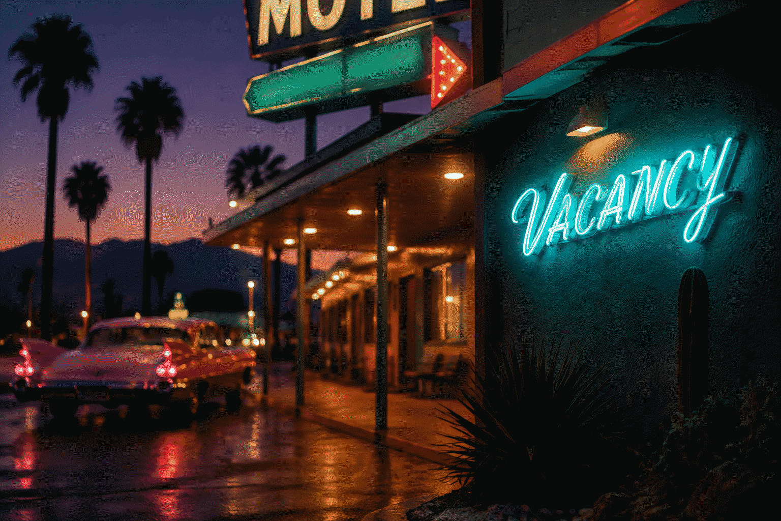 Dark scene with a glowing retro teal neon sign reading VACANCY