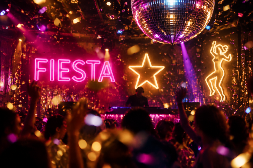 Festive scene with glowing neon signs including the word FIESTA