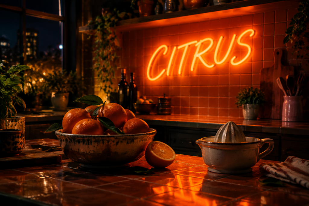 Dark scene with a glowing citrus orange neon sign reading CITRUS