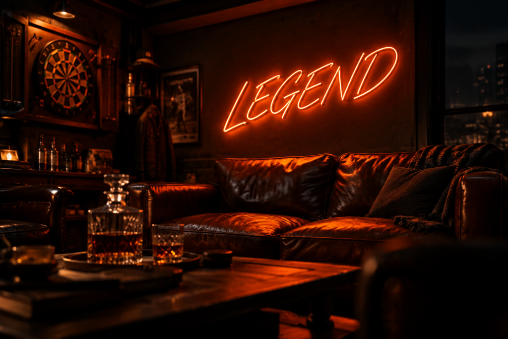 Dark scene with a glowing burnt orange neon sign reading LEGEND