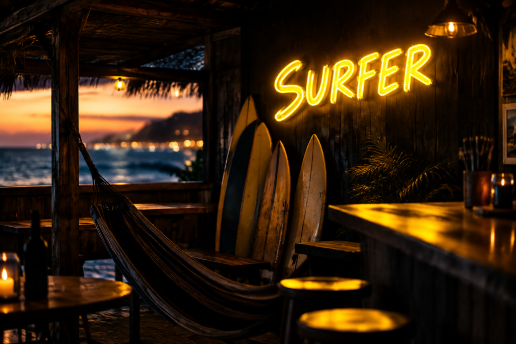 Dark scene with a glowing sunset yellow neon sign reading SURFER