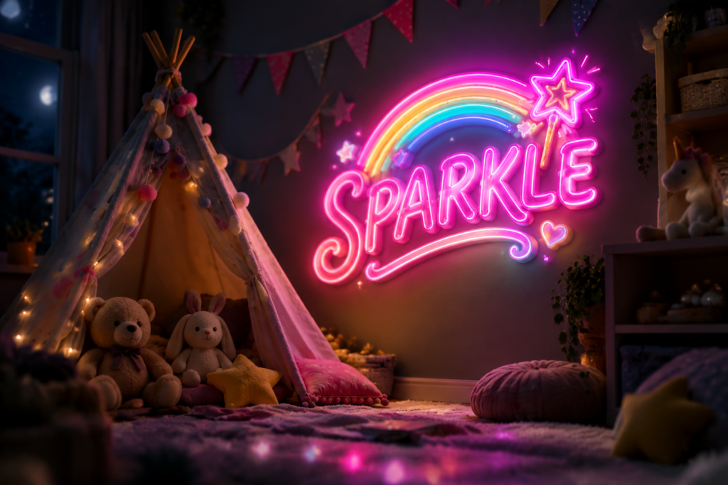 Dark scene with a glowing rainbow pink neon sign reading SPARKLE