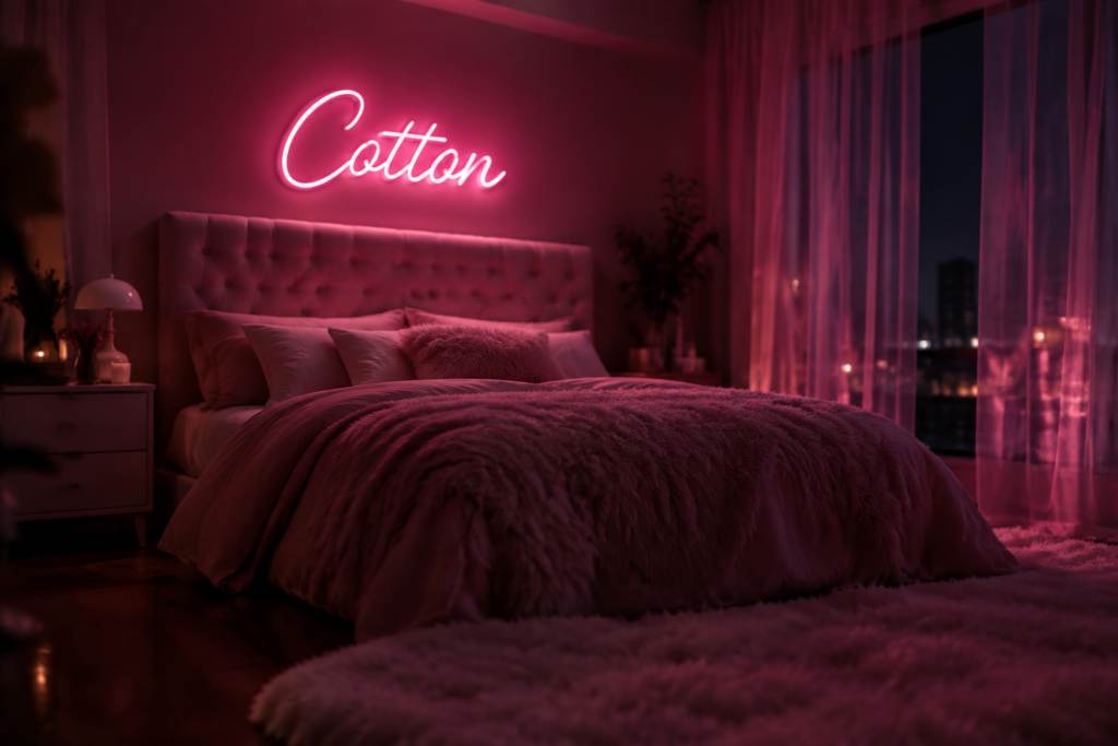Dark scene with a glowing cotton pink neon sign reading Cotton