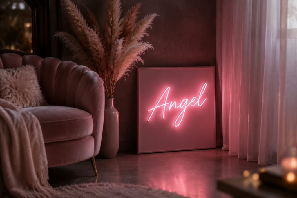 Dark scene with a glowing soft pink neon sign reading Angel