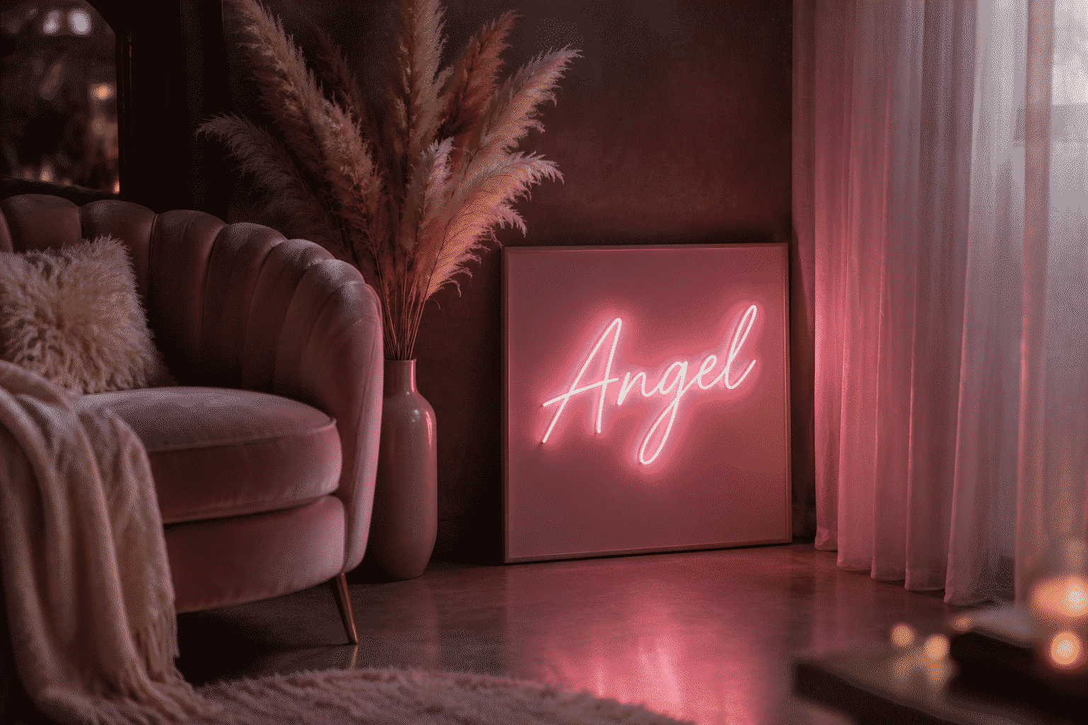 Dark scene with a glowing soft pink neon sign reading Angel