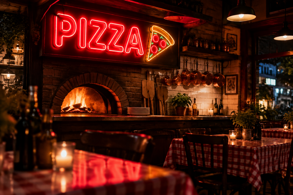 Dark scene with a glowing tomato red neon sign reading PIZZA