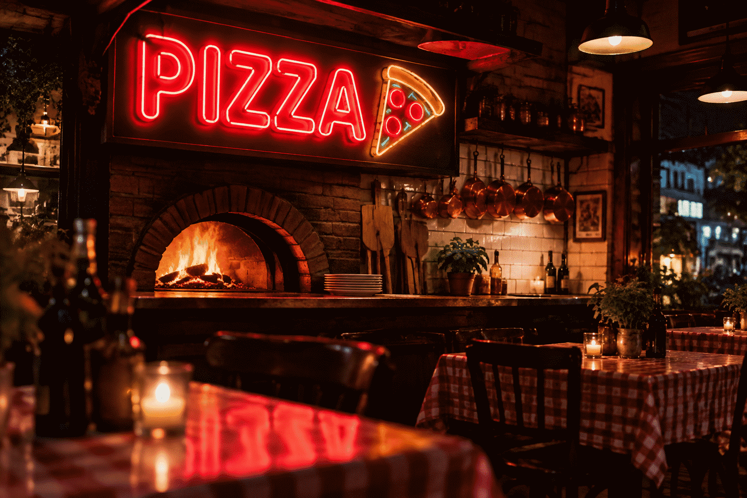 Pizza shop neon sign — dark scene with a glowing tomato red neon sign reading PIZZA, an LED rendering example for food-service lettering