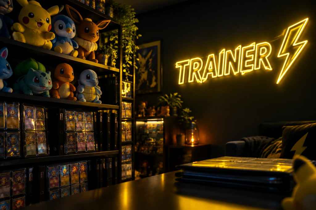 Dark scene with a glowing electric yellow neon sign reading TRAINER