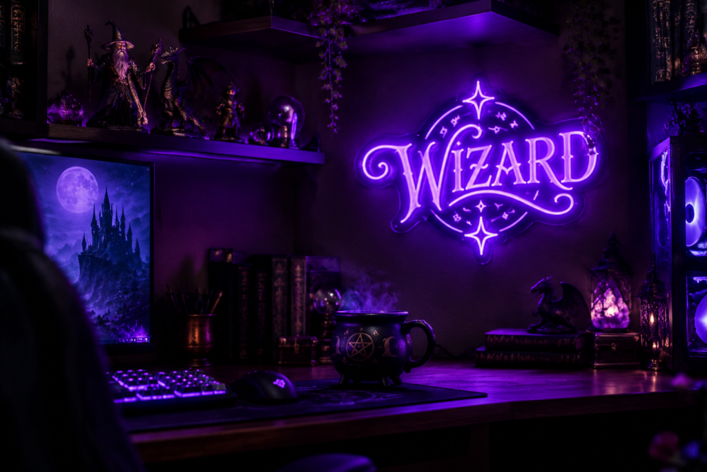Dark scene with a glowing arcane purple neon sign reading WIZARD