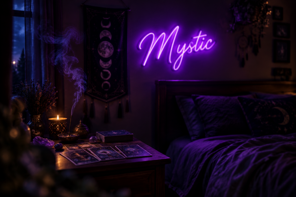 Dark scene with a glowing deep violet neon sign reading Mystic