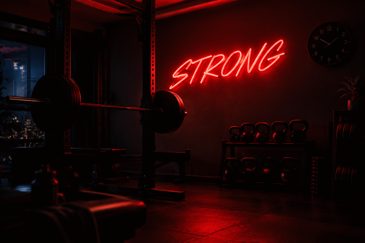 Home gym neon sign — dark scene with a glowing crimson red neon sign reading STRONG over a home training corner