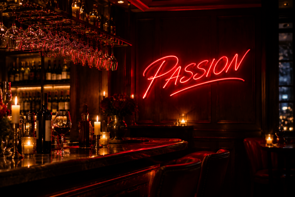 Dark scene with a glowing scarlet red neon sign reading PASSION