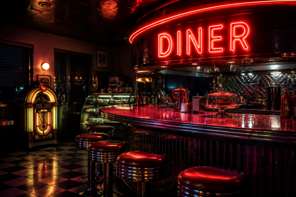 Dark scene with a glowing retro red neon sign reading DINER