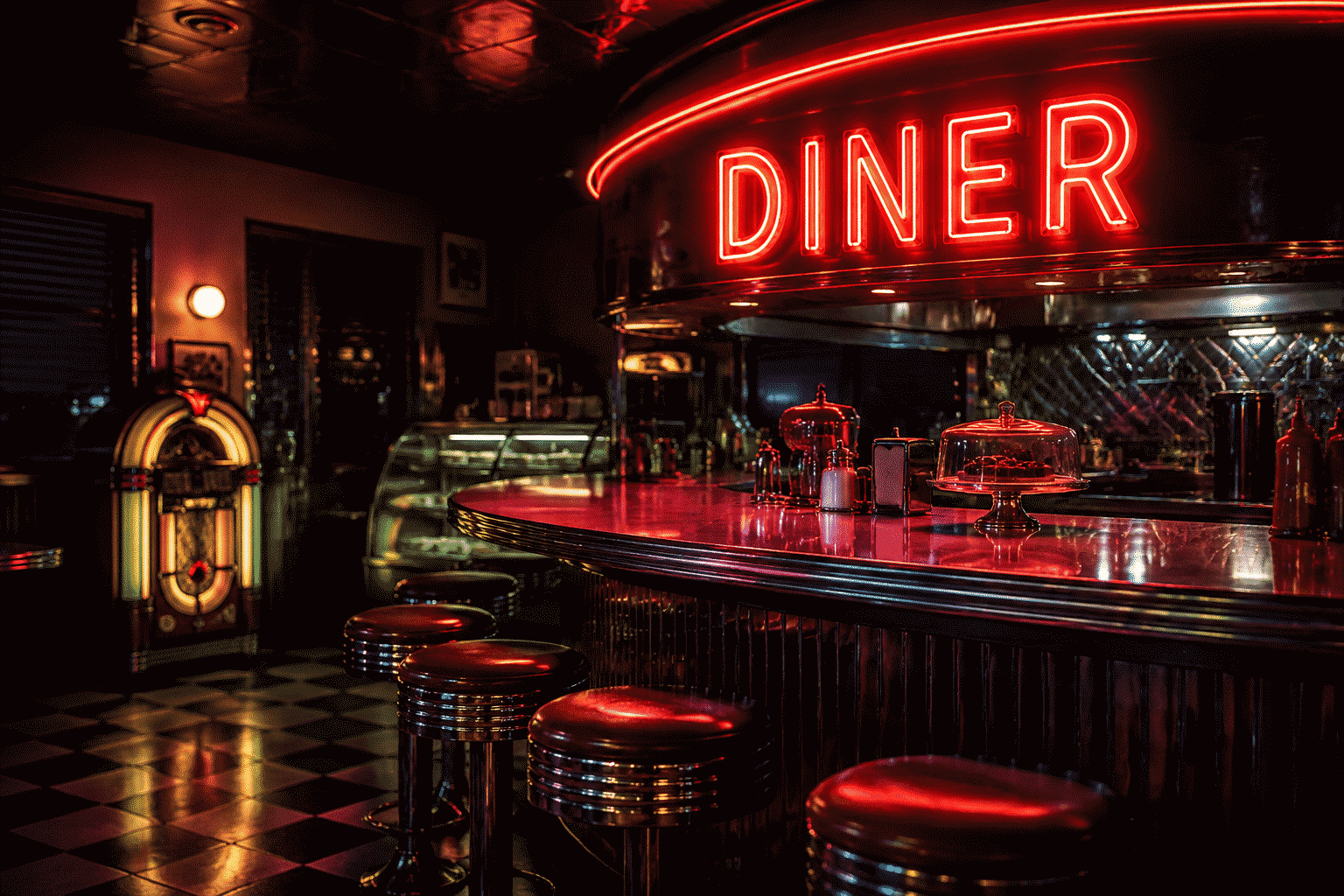 Restaurant neon sign — dark scene with a glowing retro red neon sign reading DINER over a dining room counter