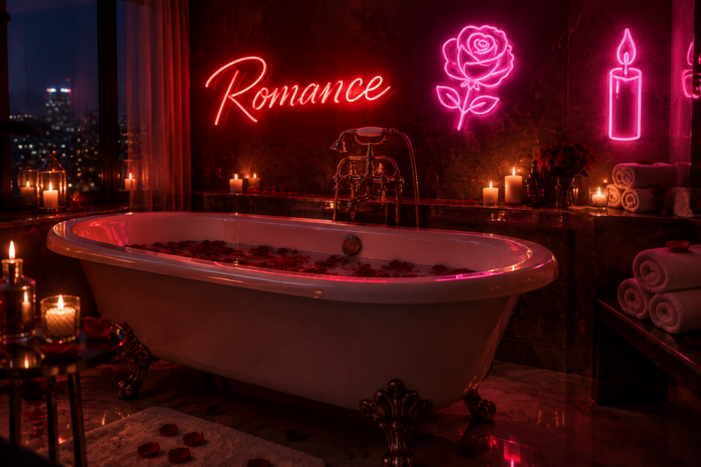 Festive scene with glowing neon signs including the word Romance