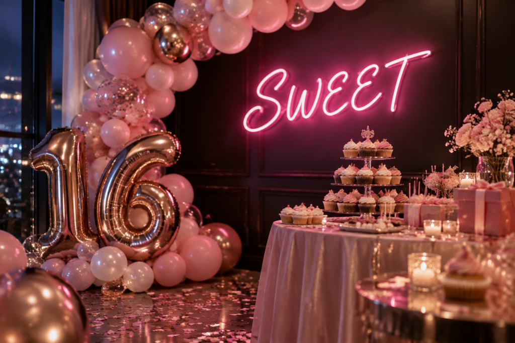 Dark scene with a glowing pastel pink neon sign reading SWEET