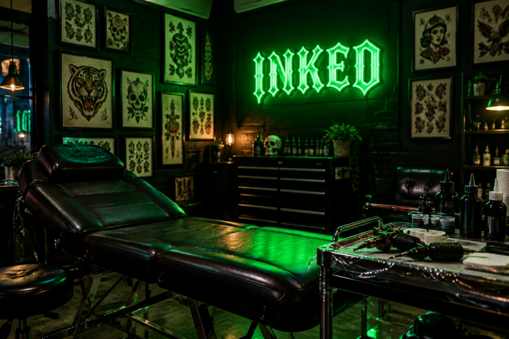 Dark scene with a glowing neon green neon sign reading INKED