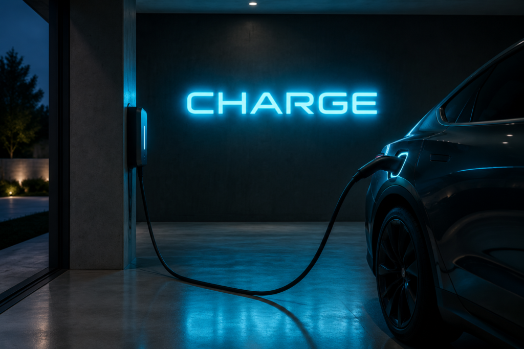 Dark scene with a glowing futuristic cyan neon sign reading CHARGE