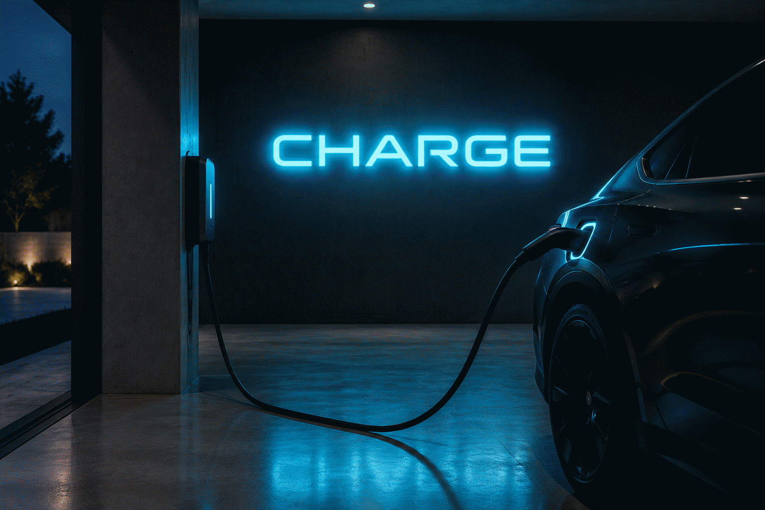 Dark scene with a glowing futuristic cyan neon sign reading CHARGE