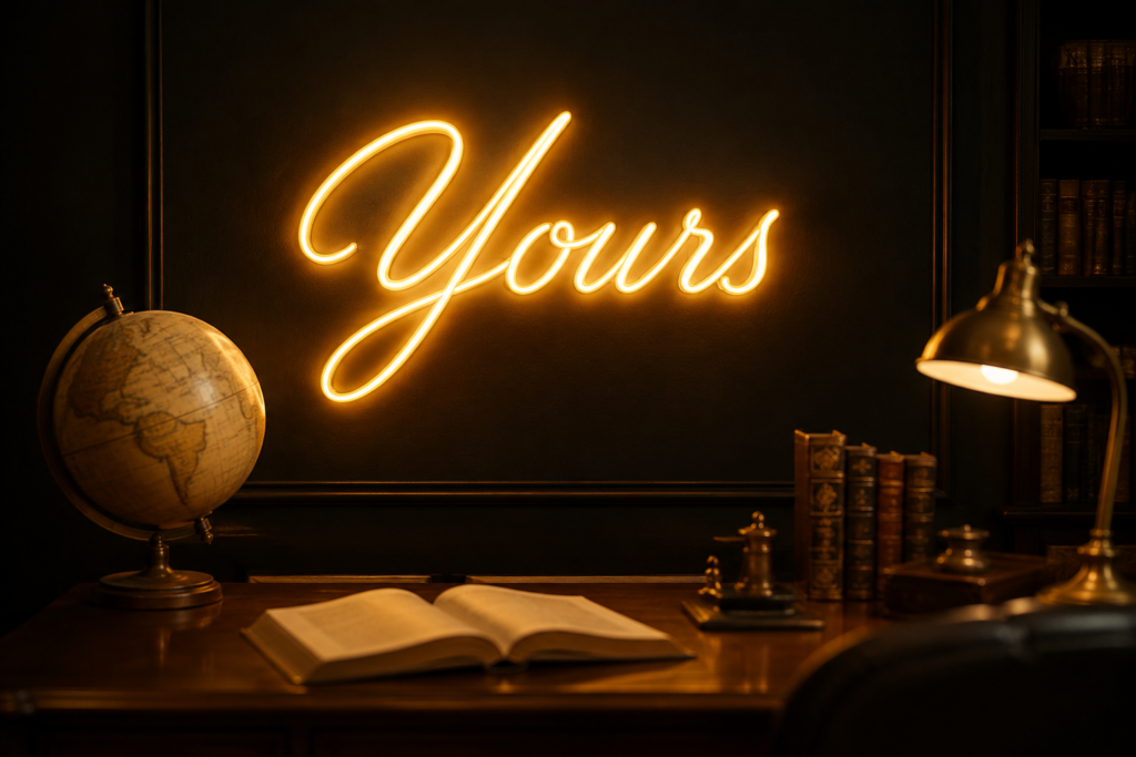 Dark scene with a glowing gold neon sign reading Yours