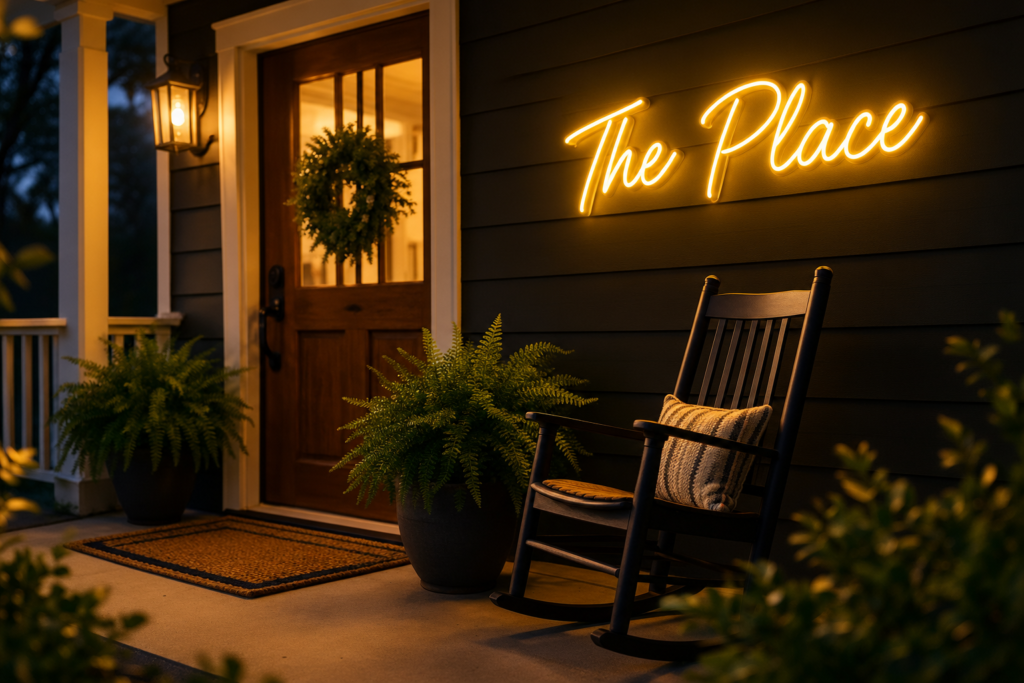 Dark scene with a glowing warm yellow neon sign reading The Place