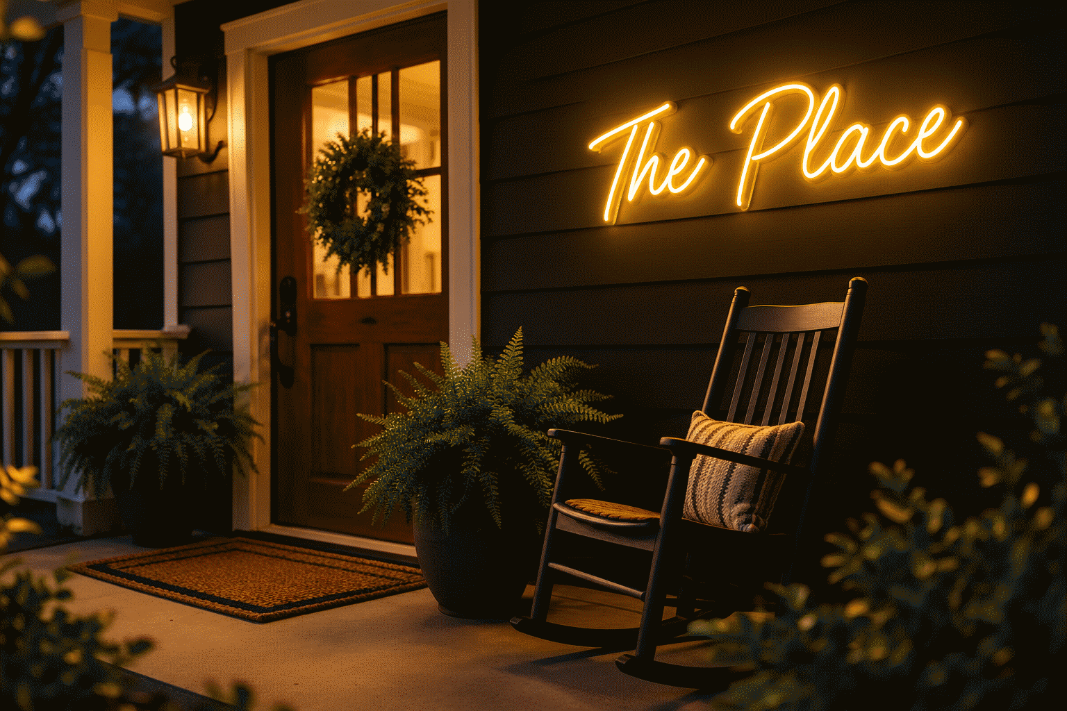 Dark scene with a glowing warm yellow neon sign reading The Place