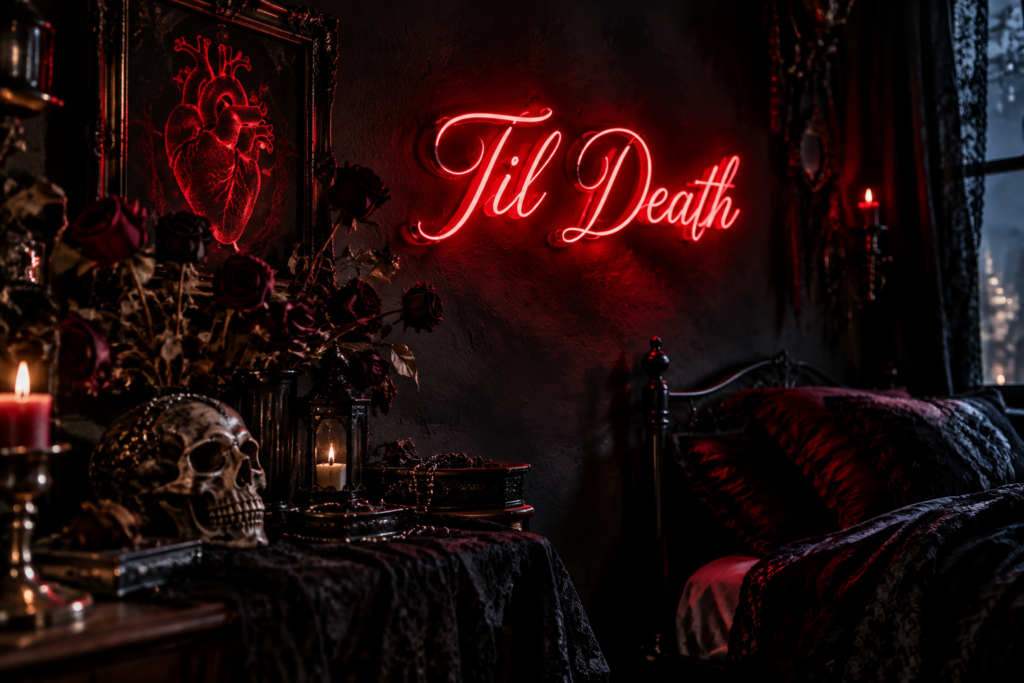 Dark scene with a glowing blood red neon sign reading Til Death