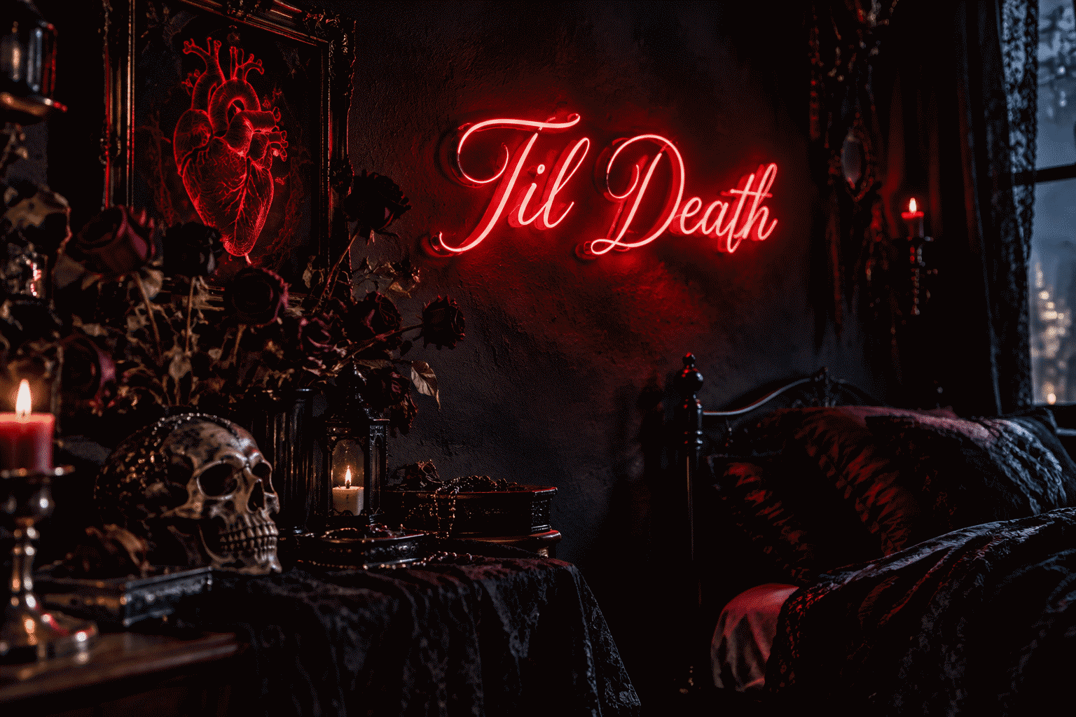 Dark scene with a glowing blood red neon sign reading Til Death