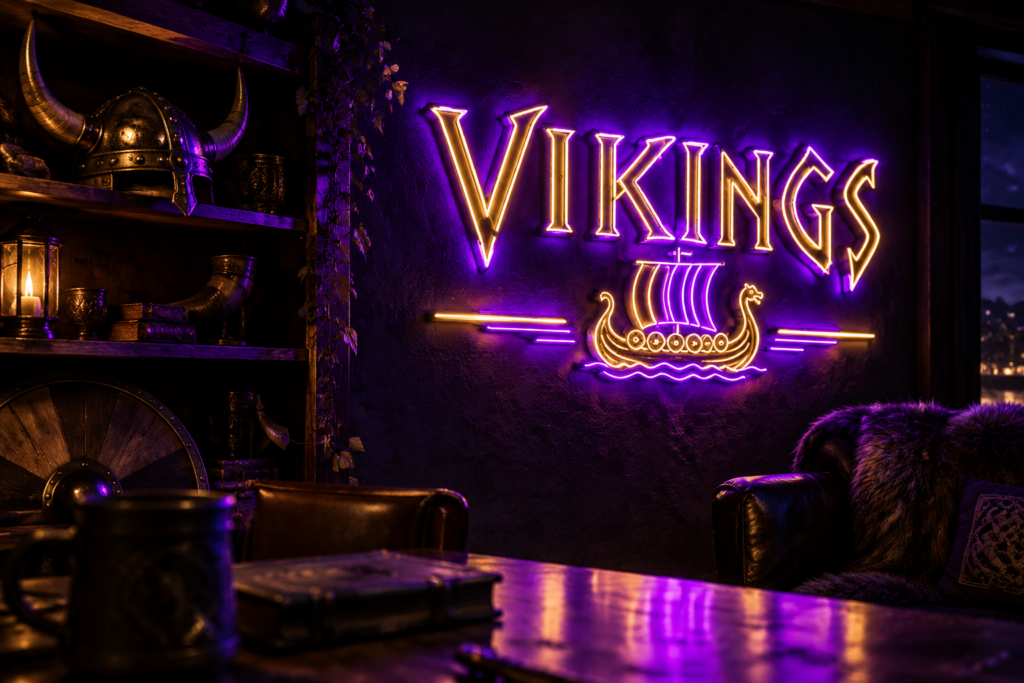 Dark scene with a glowing purple and gold neon sign reading VIKINGS