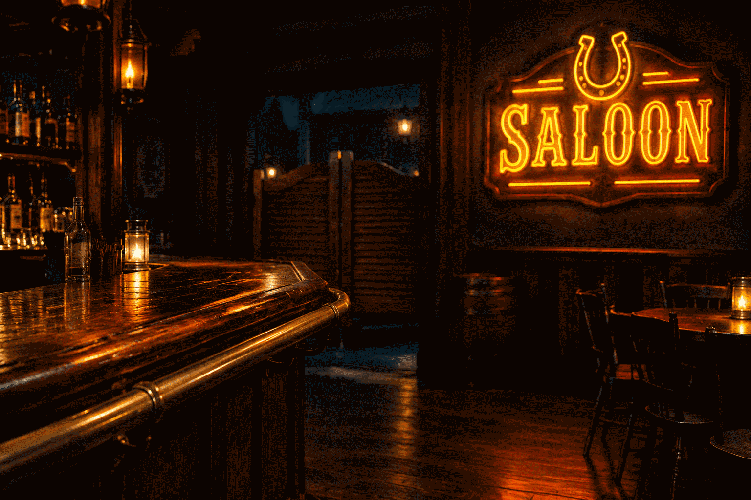 Dark scene with a glowing amber neon sign reading SALOON