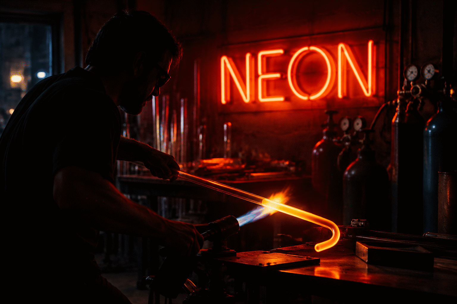 Dark scene with a glowing orange-red neon sign reading NEON