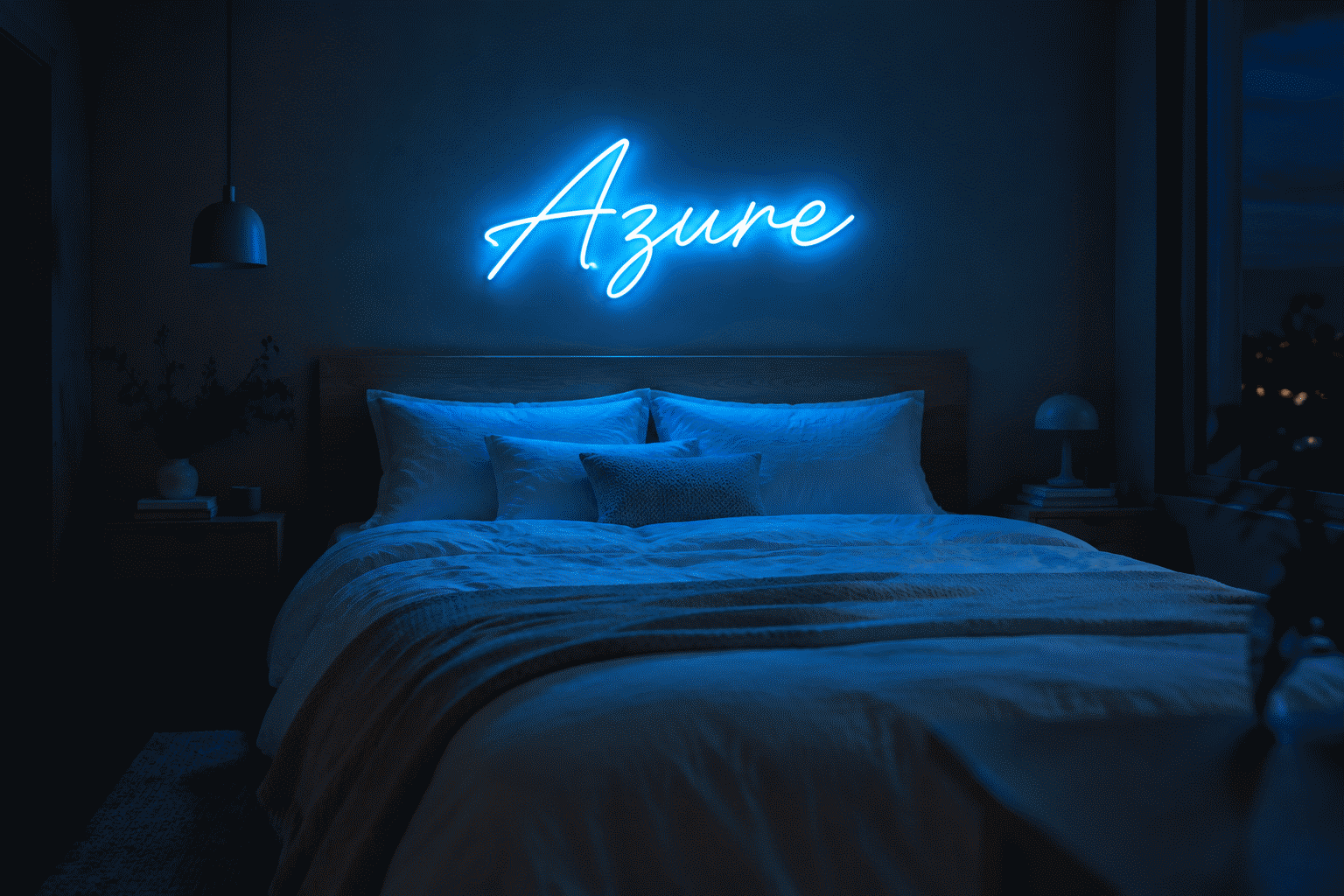 Dark scene with a glowing ice blue neon sign reading Azure