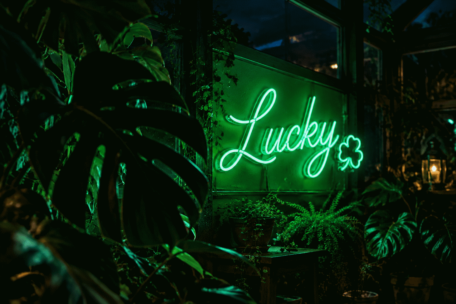Dark scene with a glowing emerald green neon sign reading Lucky