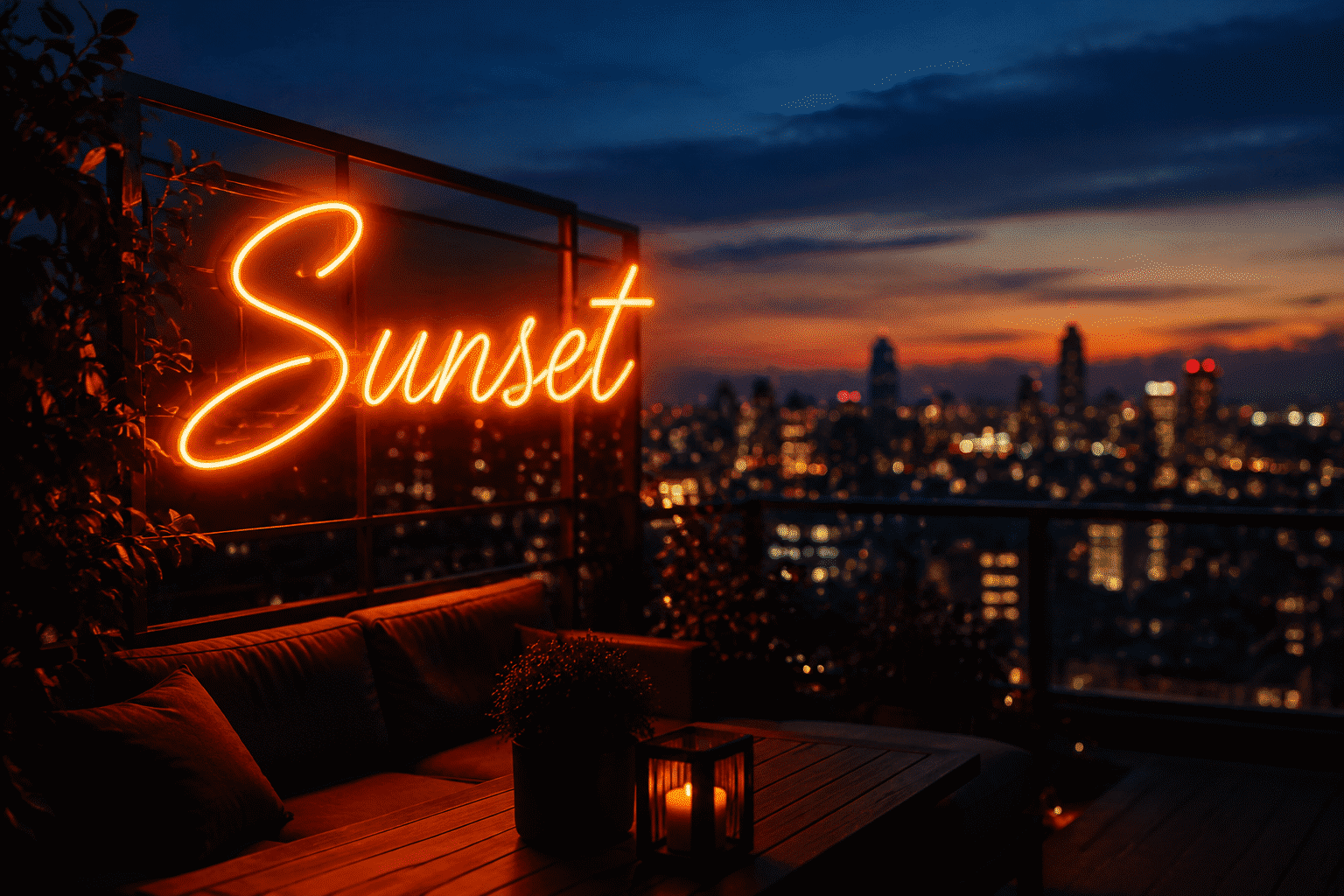 Dark scene with a glowing vivid orange neon sign reading Sunset