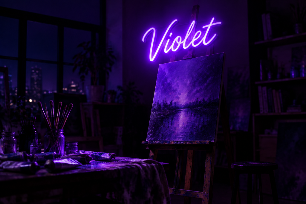 Dark scene with a glowing deep violet neon sign reading Violet