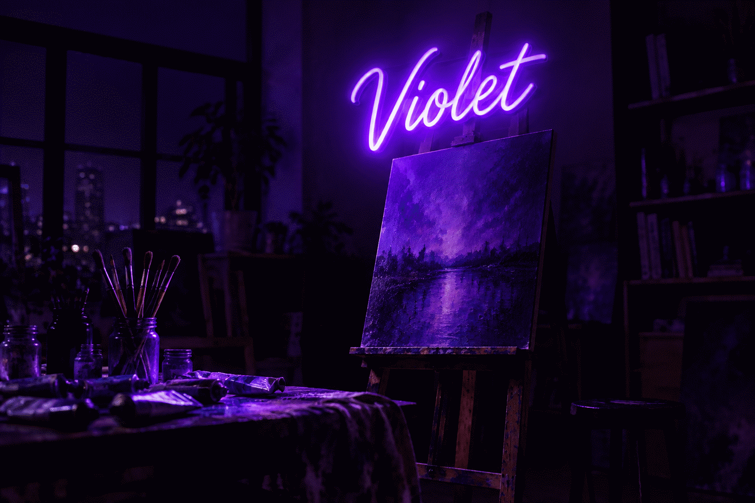 Dark scene with a glowing deep violet neon sign reading Violet