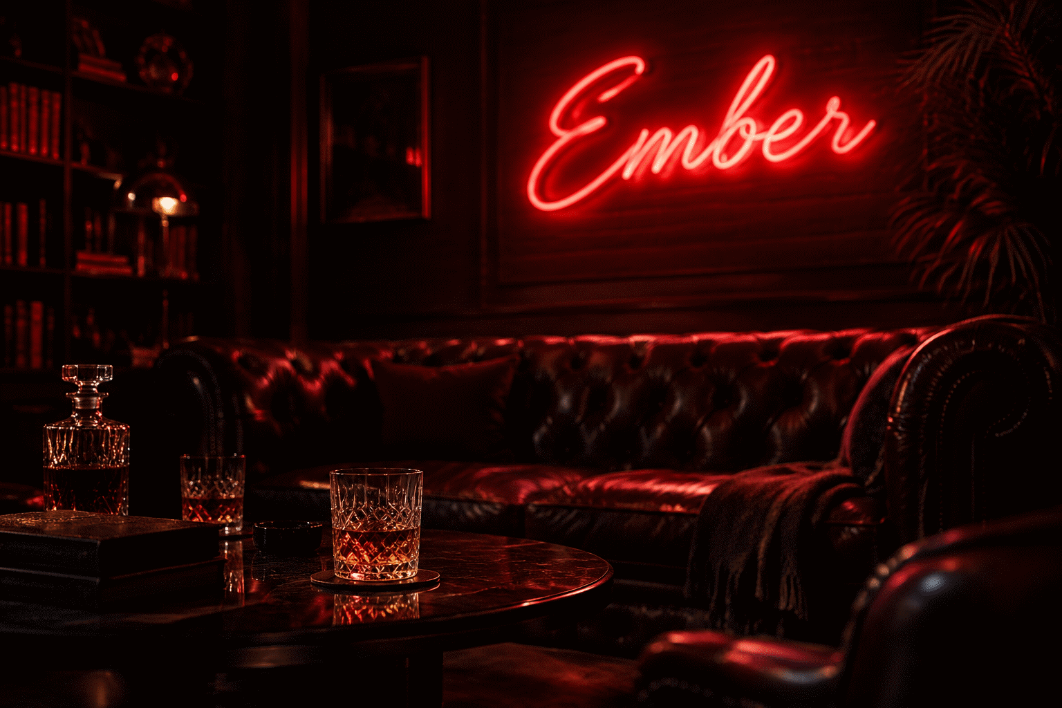 Dark scene with a glowing deep red neon sign reading Ember