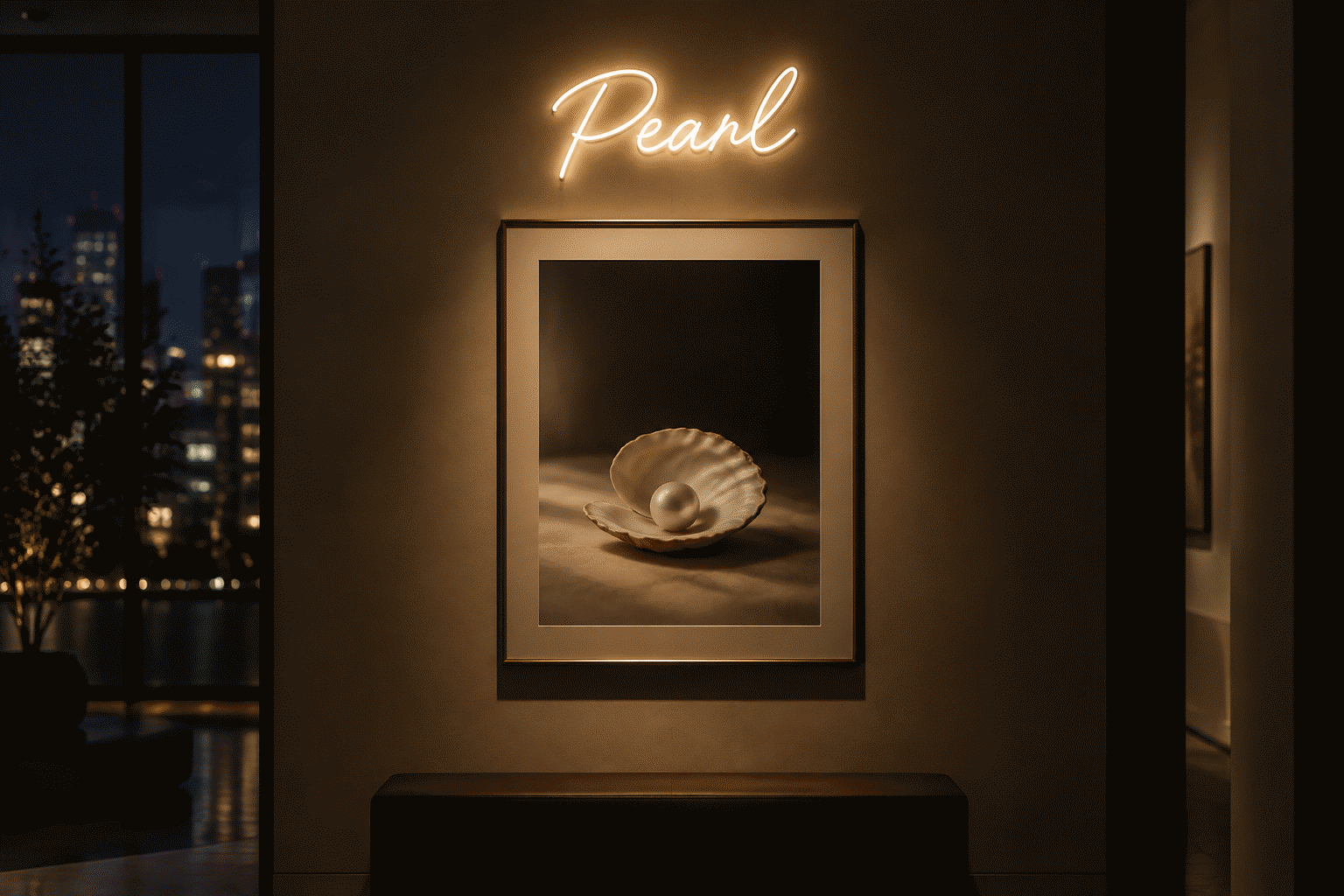 Dark scene with a glowing warm white neon sign reading Pearl