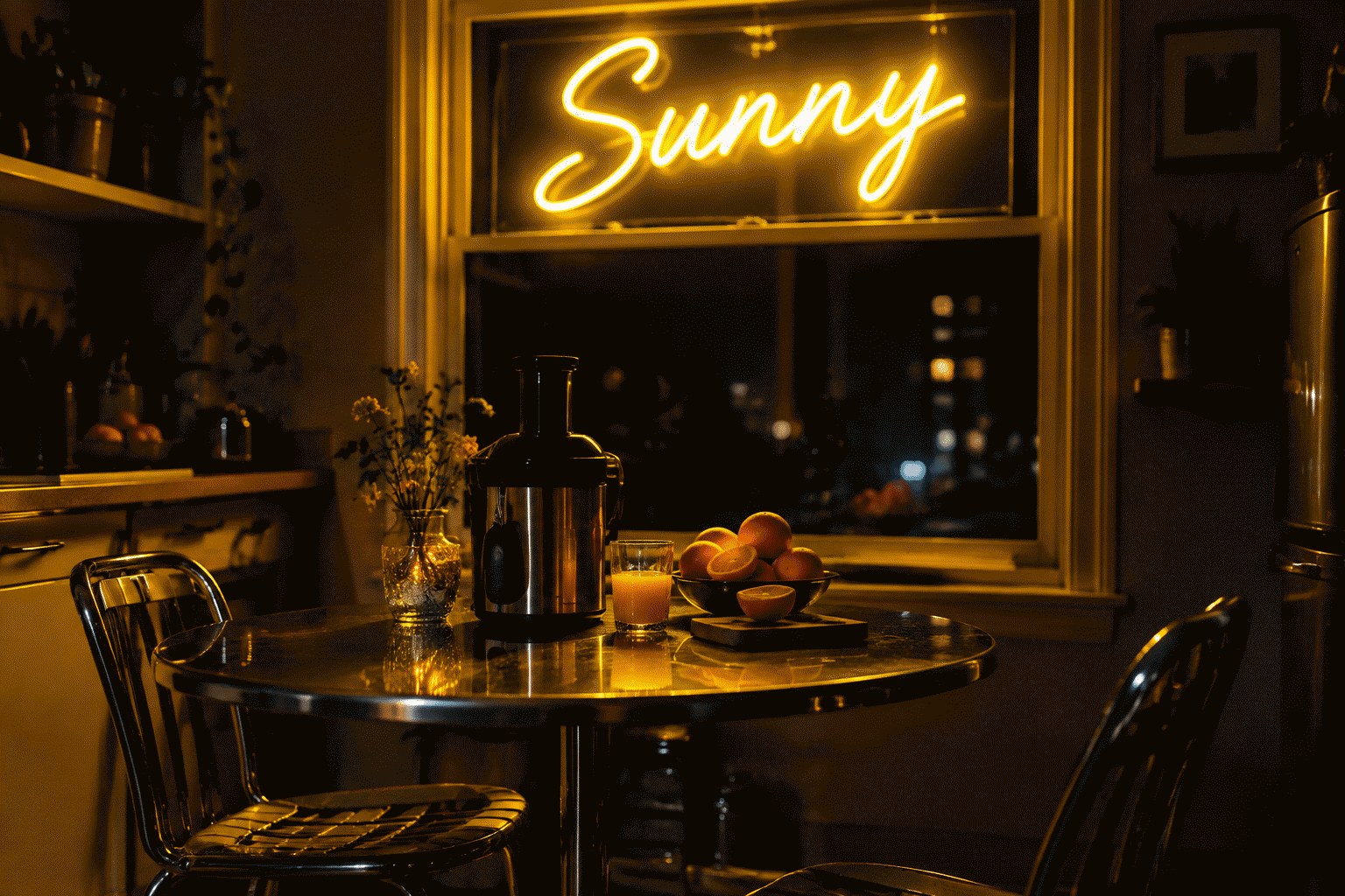 Dark scene with a glowing bright yellow neon sign reading Sunny