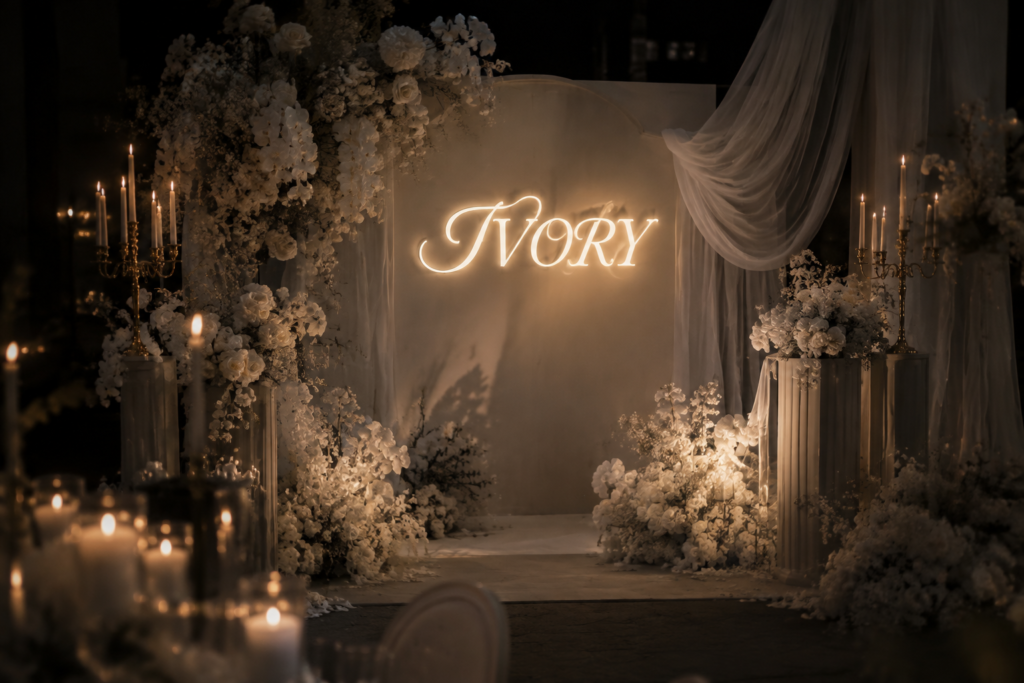 Dark scene with a glowing ivory white neon sign reading IVORY