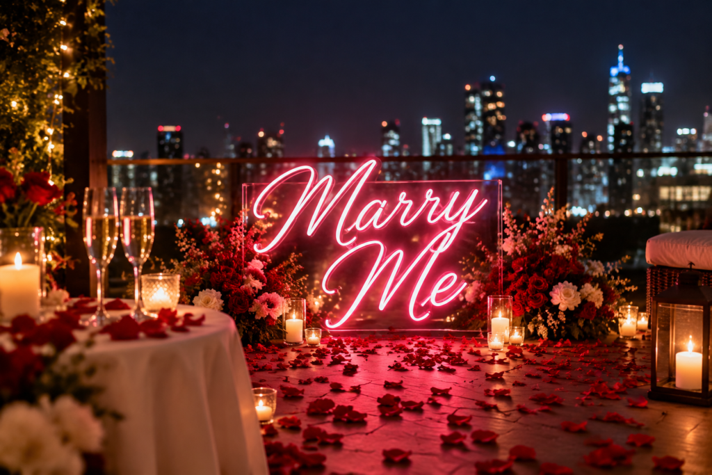 Dark scene with a glowing romantic pink neon sign reading Marry Me