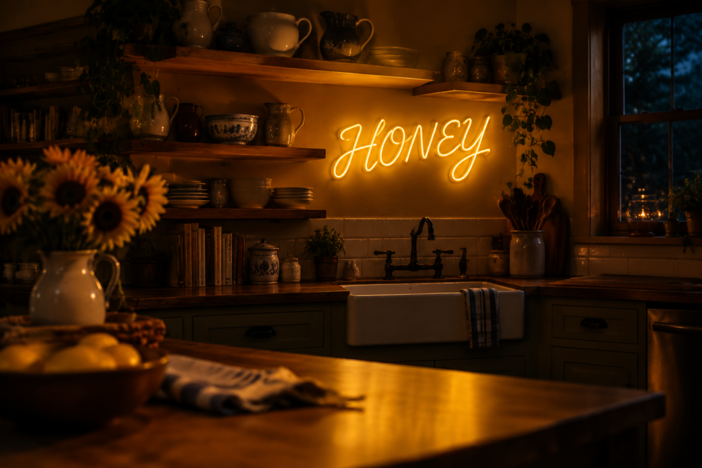Dark scene with a glowing honey yellow neon sign reading HONEY