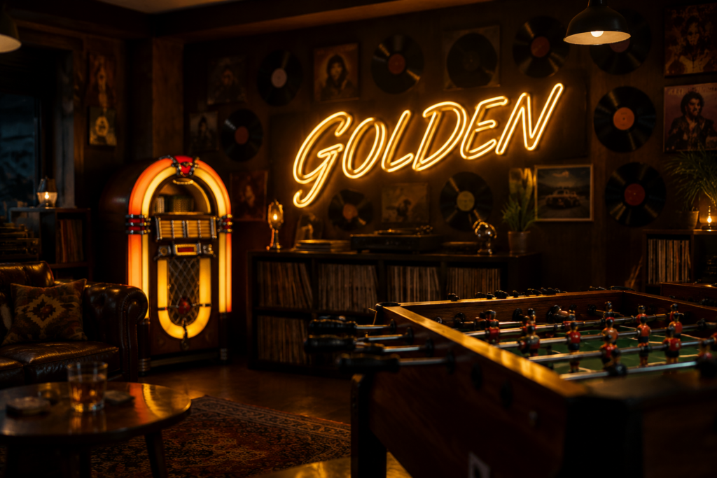 Dark scene with a glowing golden yellow neon sign reading GOLDEN